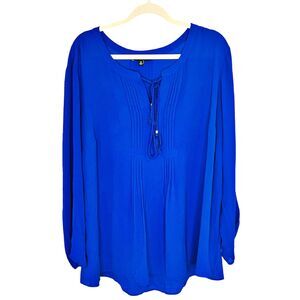 Signature Studio Pleated Tie Neck Blouse Plus Size 3X Royal Blue Boho Lagenlook